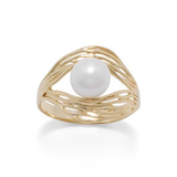 14 Karat Gold Plated Ornate Wave Design and Cultured Freshwater Pearl Ring. - La'Fem Couture