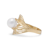 14 Karat Gold Plated Ornate Wave Design and Cultured Freshwater Pearl Ring. - La'Fem Couture